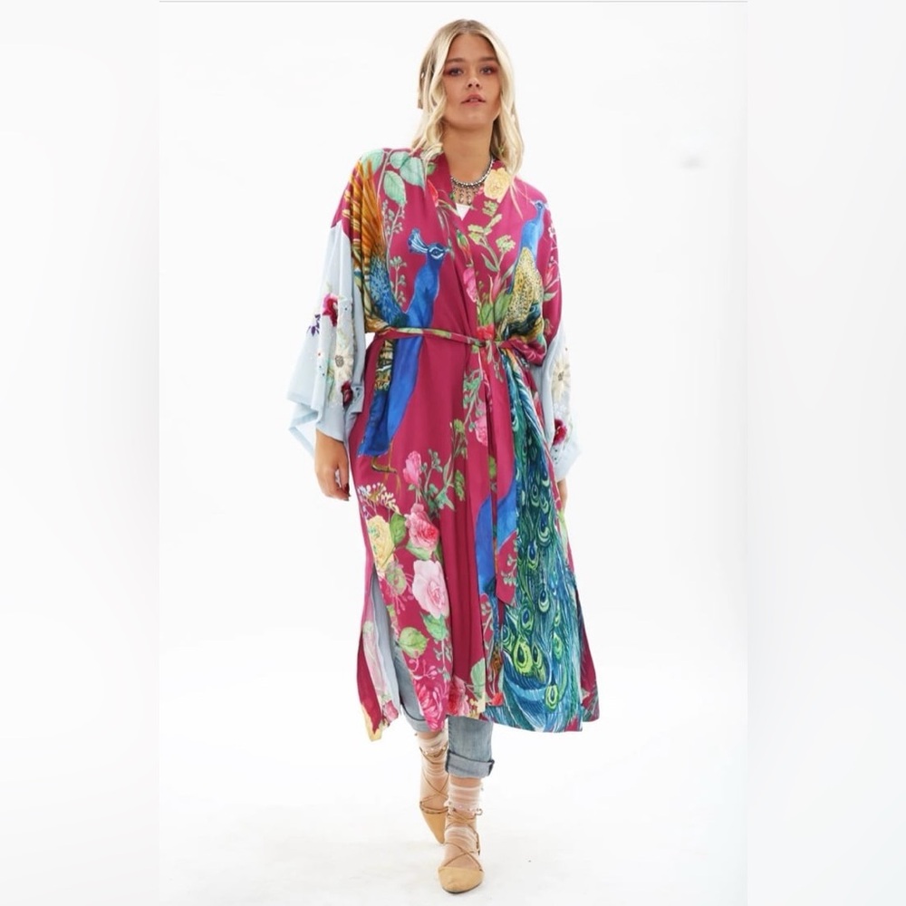 Aratta Silent Journey Kimono Robe Peacock Floral Print pearl embroidered Small - Picture 4 of 16